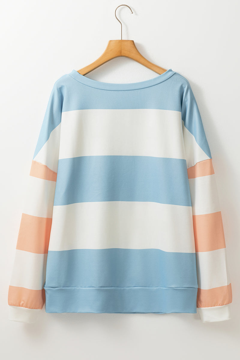 Rose Red Colorblock Striped Drop Shoulder Long Sleeve Top