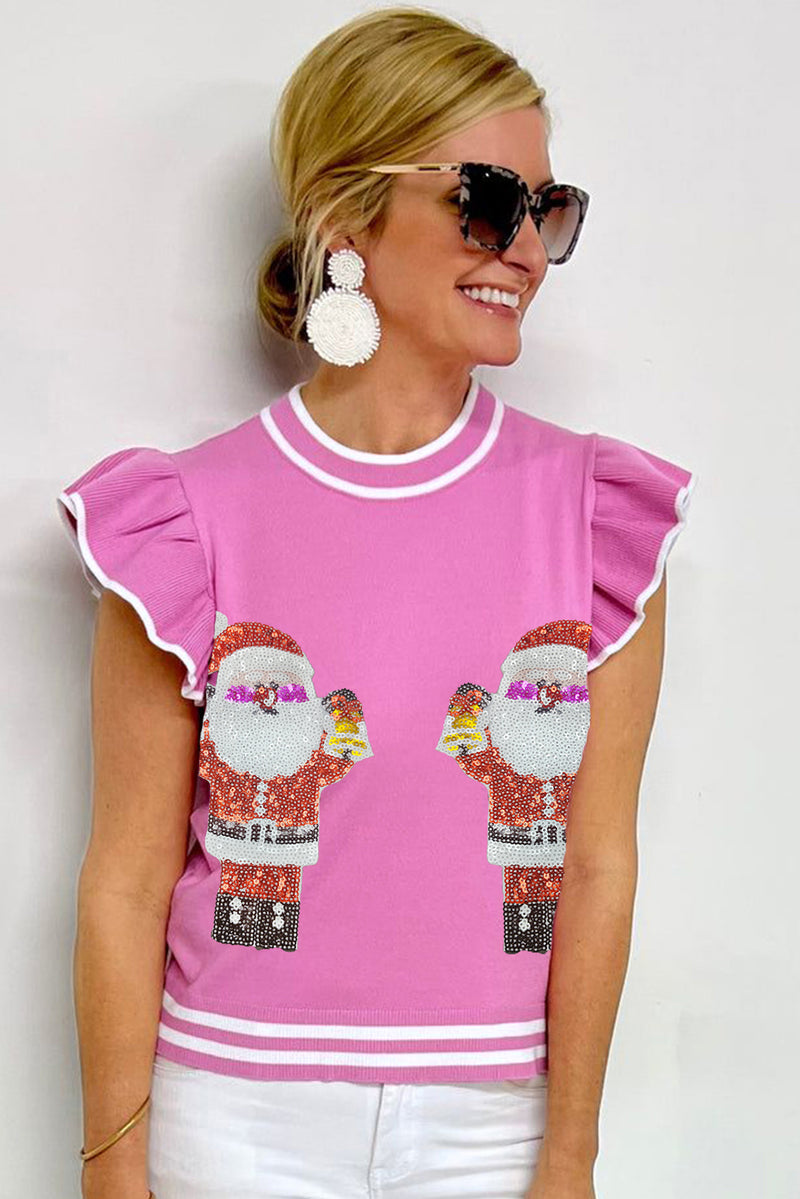 Bonbon Sequin Father Christmas Ruffled Sleeve Sweater T Shirt