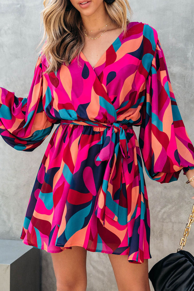 Multicolor Abstract Printed Belted Puff Sleeve Mini Dress