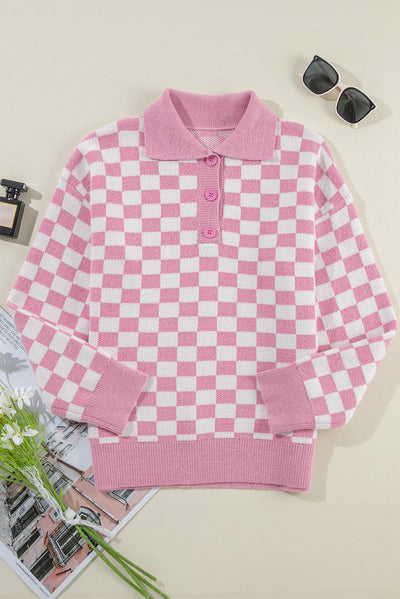 Apricot Checkered Buttons Collar V Neck Drop Shoulder Sweater