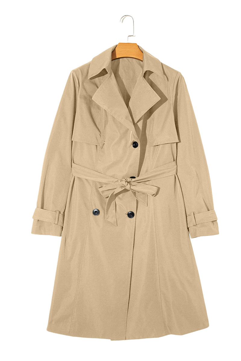 Pale Khaki Solid Color Lapel Collar Waist Tie Wind Coat