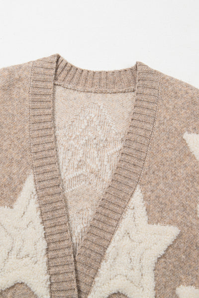 Pink Sherpa Star Pattern Textured Sweater Cardigan with Pockets