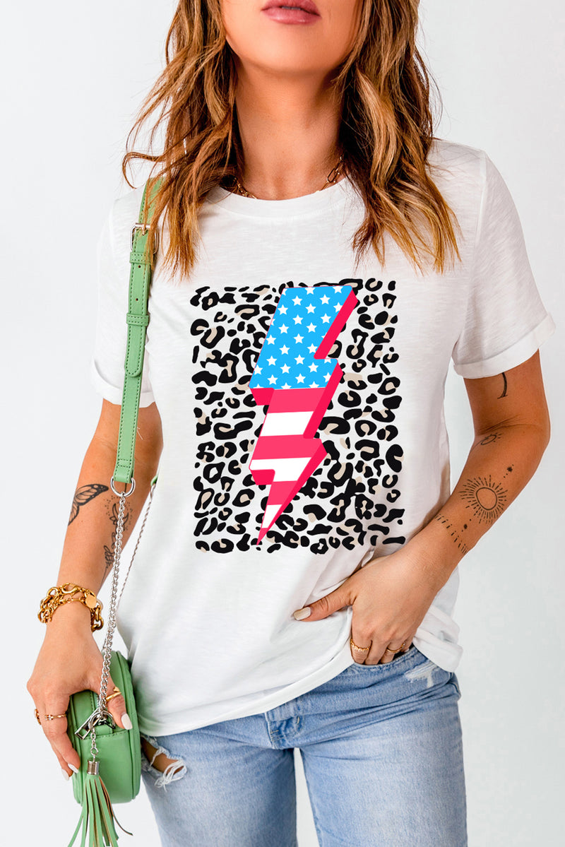 White Leopard American Flag Lightning Graphic T Shirt