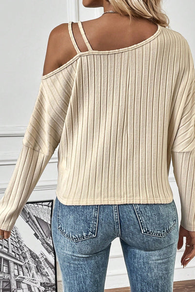 Apricot Asymmetrical Neck Cold Shoulder Twisted Knit Ribbed Top