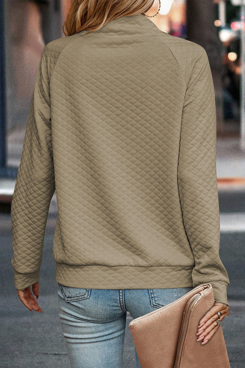 Quilted Buttoned Neckline Stand Neck Pullover Sweatshirt