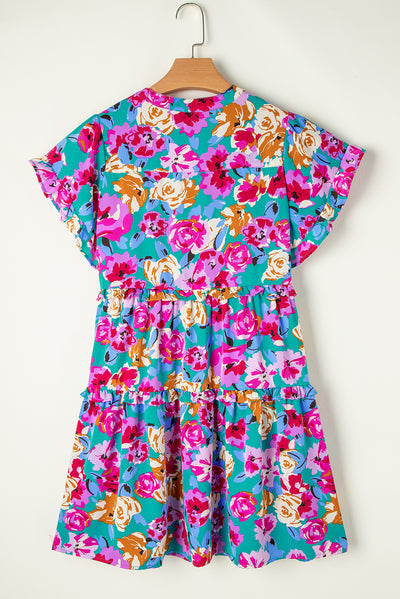 Green Rose Floral Print Ruffled Short Dress