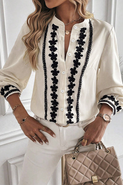 Beige Floral Embroidered Stand Neck Buttoned Shirt