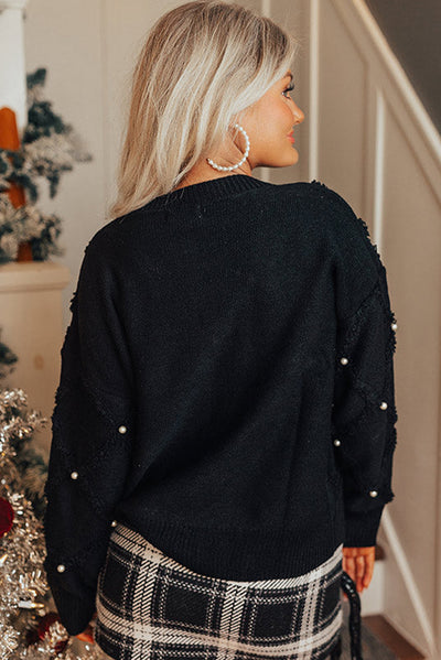 Black Pearl Embellished Rhombus Pattern Sweater