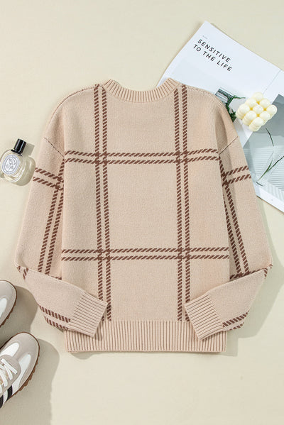 Khaki Plaid Pattern Knitted Drop Shoulder Sweater