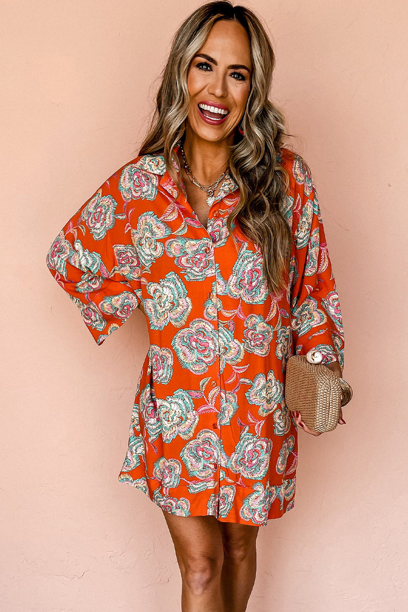 Floral Print Lapel Collar Loose Shirt Mini Dress