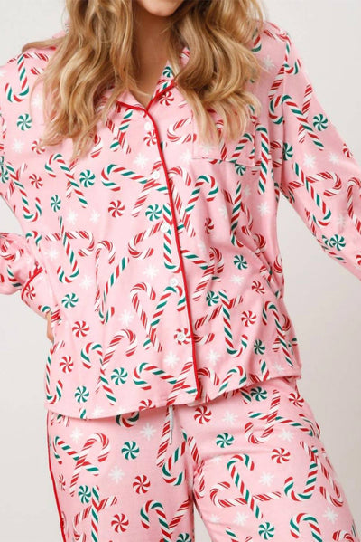 Pink Christmas Candy Cane Print Lapel Collar Shirt and Pants Two Piece Pajamas Set