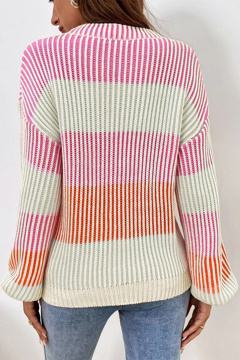 Brown Colorblock Textured Knit Bubble Sleeve Sweater