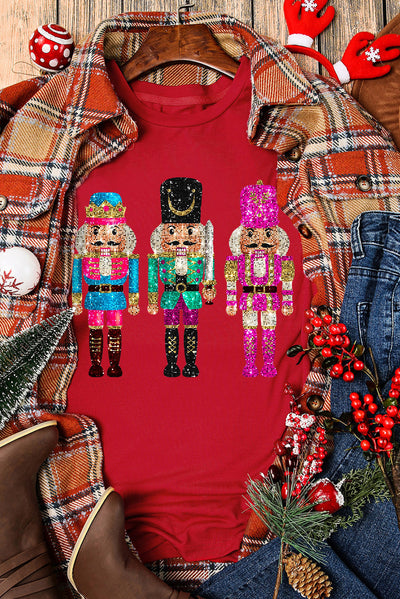 Red Glittering Nutcracker Printed Crewneck T Shirt