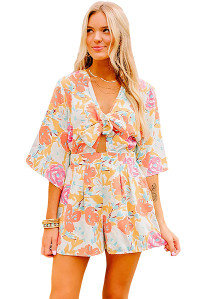 Orange Blooming Floral Print Front Tie Romper