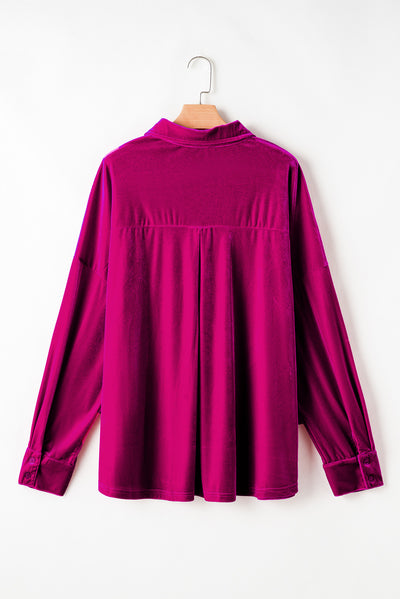 Bright Pink Plus Size Velvet Chest Pocket Drop Shoulder Shirt