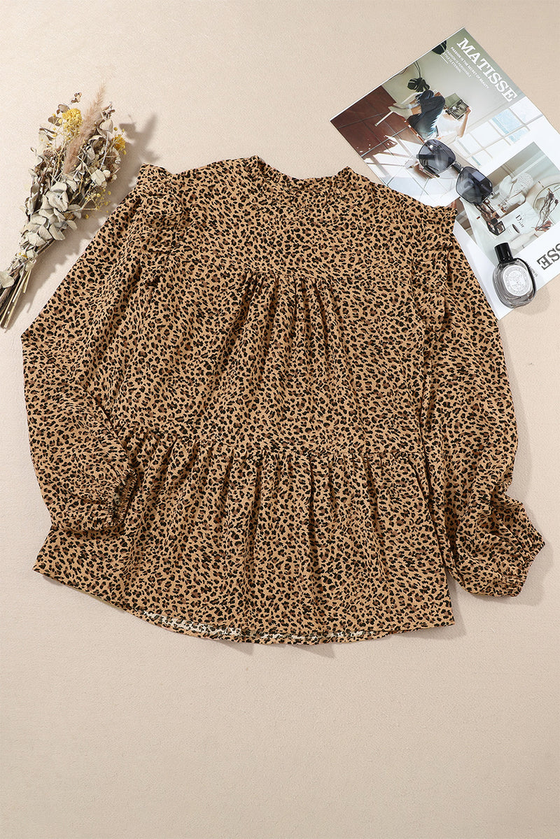 Leopard Frilled Shoulder Decor Plus Size Babydoll Top