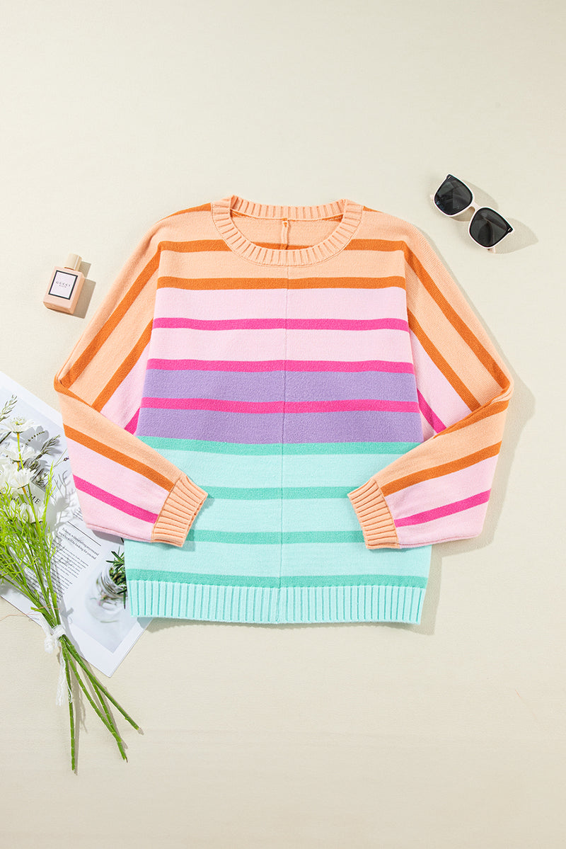 Yellow Stripe Gradient Striped Ribbed Edge Loose Sweater