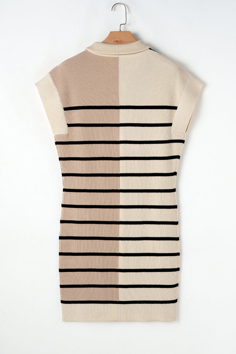 Brown Stripe Color Block Quarter Zip Collar Short Sleeve Sweater Dress