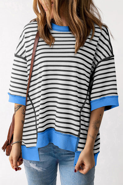 Sky Blue Stripe Oversized Contrast Trim Exposed Seam High Low T Shirt