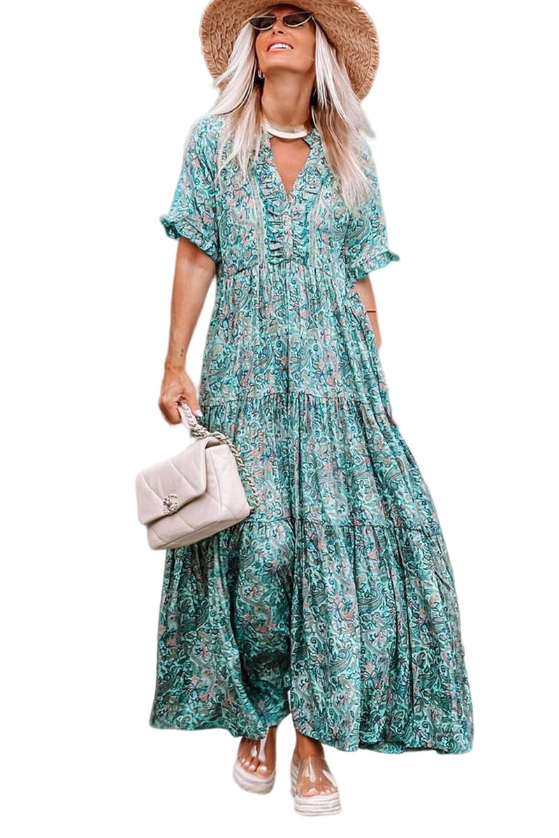 Paisley Print Boho Holiday Ruffle Tiered Maxi Dress