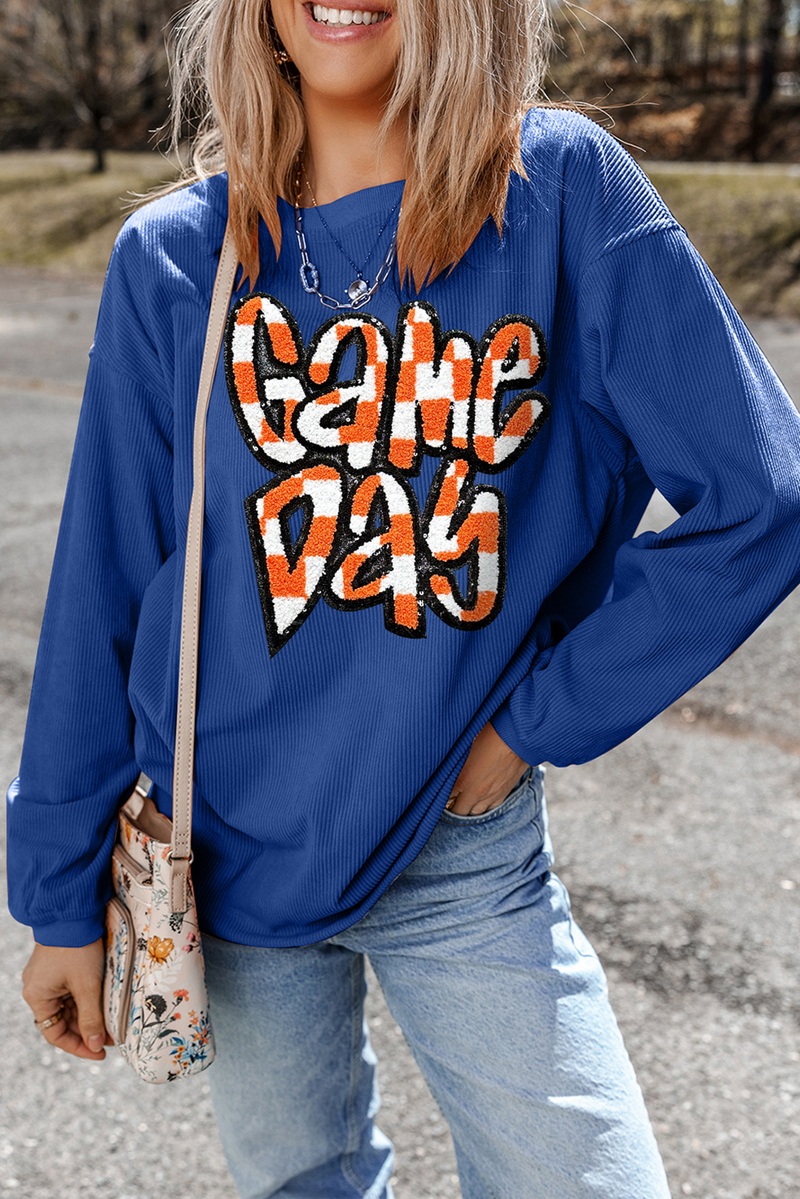 Dark Blue Chenille Checkered Game Day Graphic Drop Shoulder Corded Sweatshirt