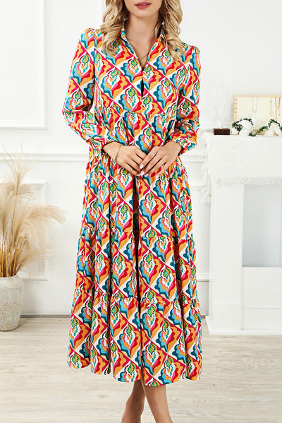 Multicolor Long Sleeve High Waist Dress