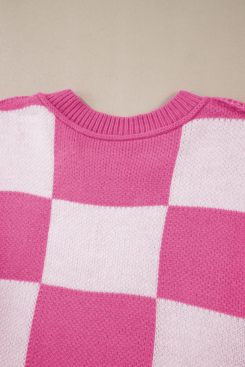 Rose Stripe Checkered Bishop Sleeve Sweater