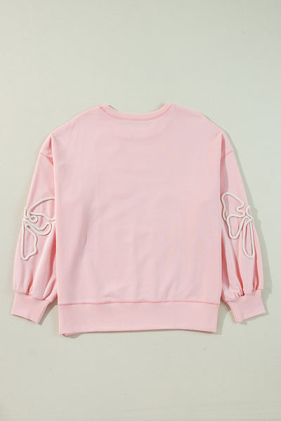 Light Pink Bow Thread Embroidery Ribbed Edge Sweatshirt