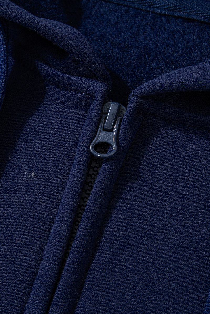 Navy Blue Solid Color Fleece Lined Zip up Hoodie