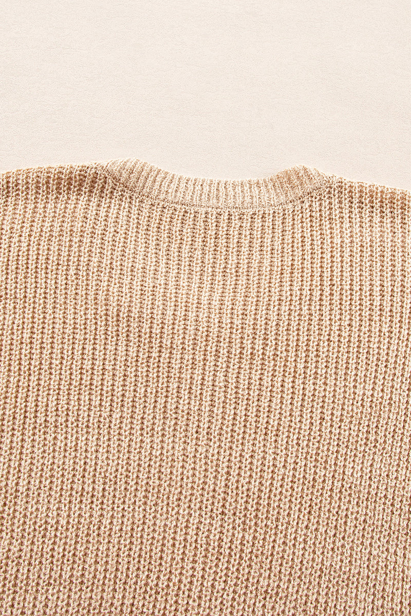 Light French Beige Contrast Striped 3/4 Sleeve Crew Neck Sweater