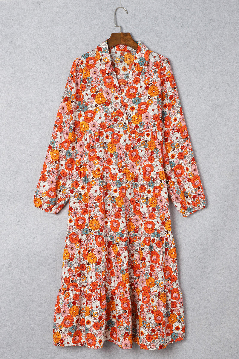 Multicolor Boho Floral Collared Long Sleeve Ruffled Dress