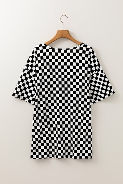 Black Checkered Print Side Slits O Neck Plus Size T Shirt