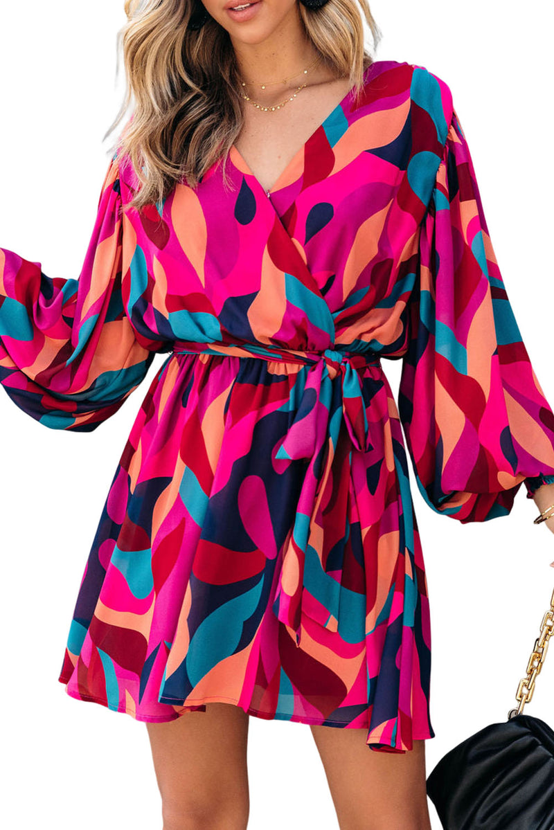 Multicolor Abstract Printed Belted Puff Sleeve Mini Dress