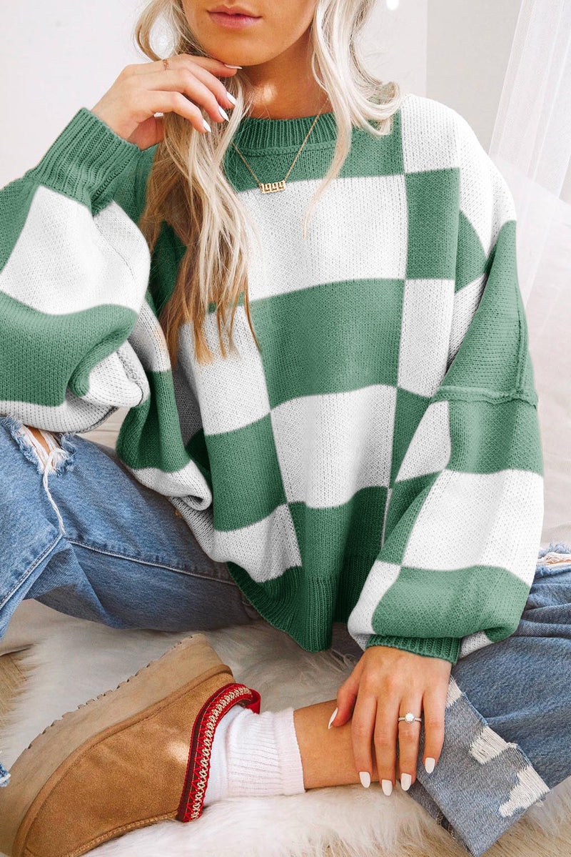 Rose Stripe Checkered Bishop Sleeve Sweater