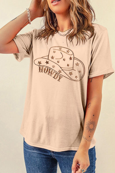 Khaki HOWDY Cowboy Hat Embroidered Graphic Tee