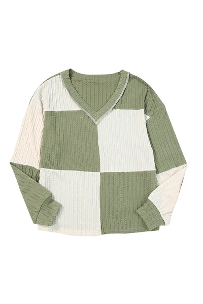 Textured Colorblock Long Sleeve V Neck Top