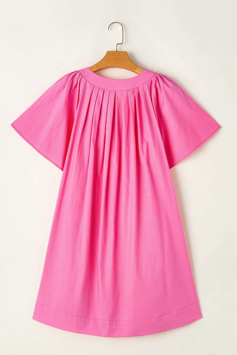 Bonbon Split V Neck Short Flutter Sleeve Pleated Shift Dress