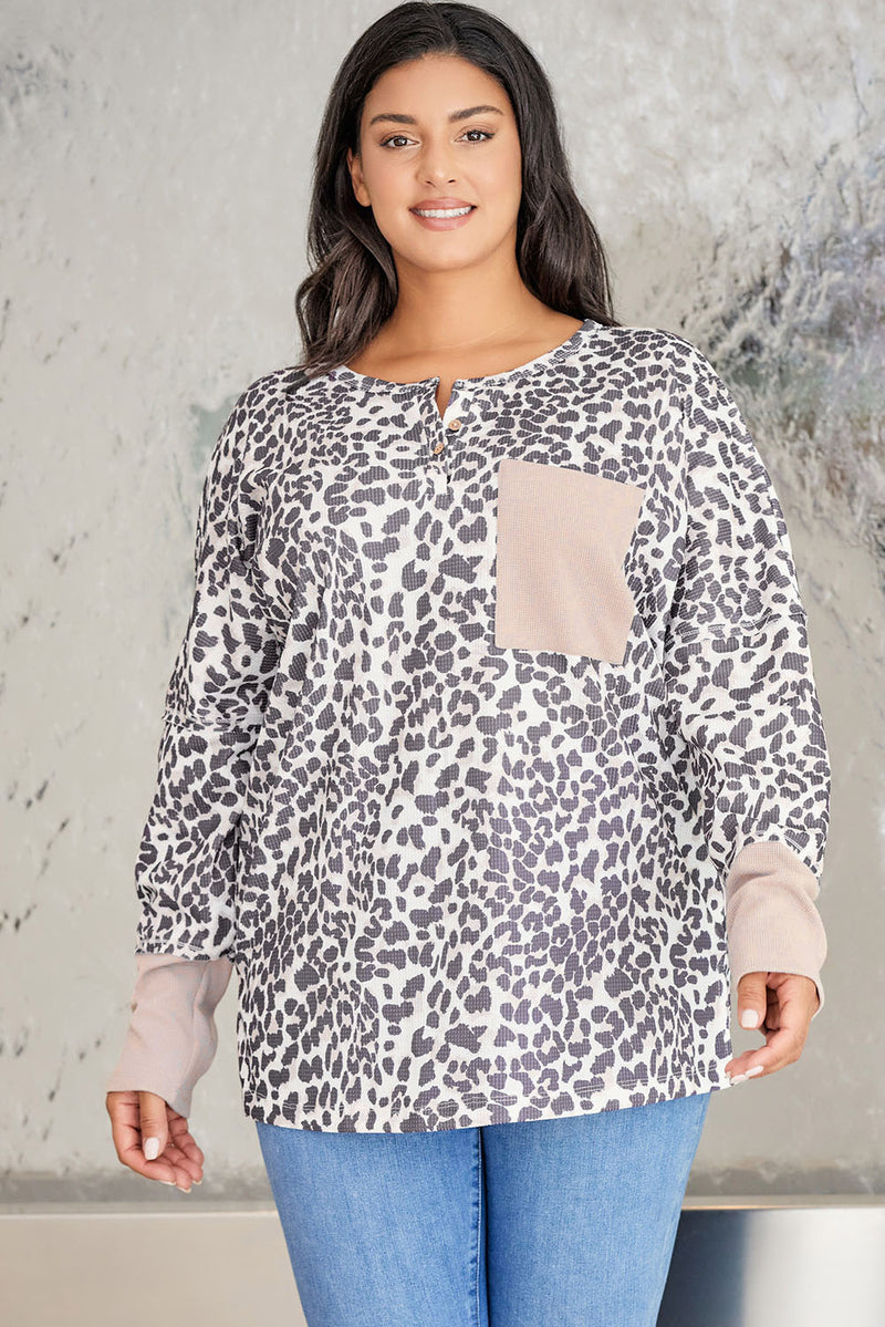 Leopard Plus Size Waffle Knit Patchwork Long Sleeve Henley Top