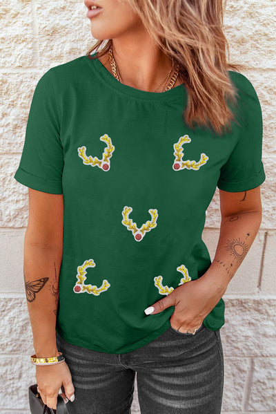 Green Christmas Reindeer Antler Patched Graphic Tee