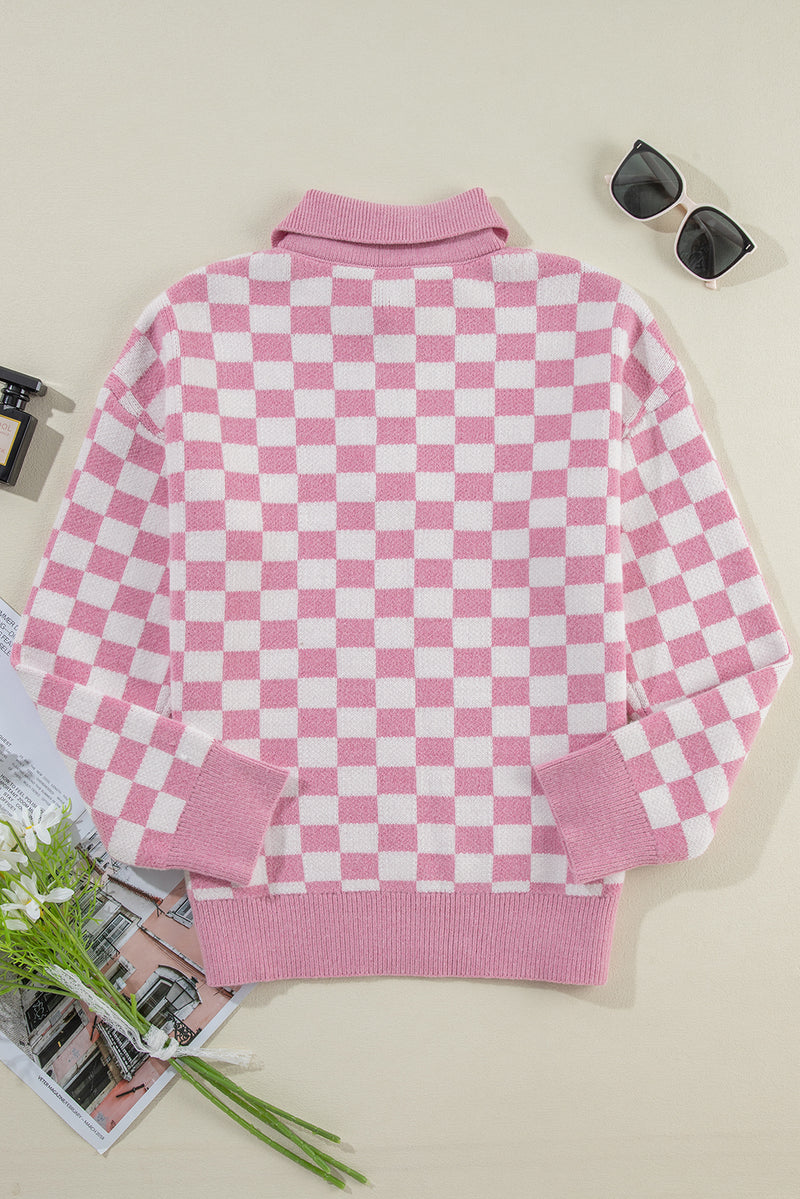 Apricot Checkered Buttons Collar V Neck Drop Shoulder Sweater