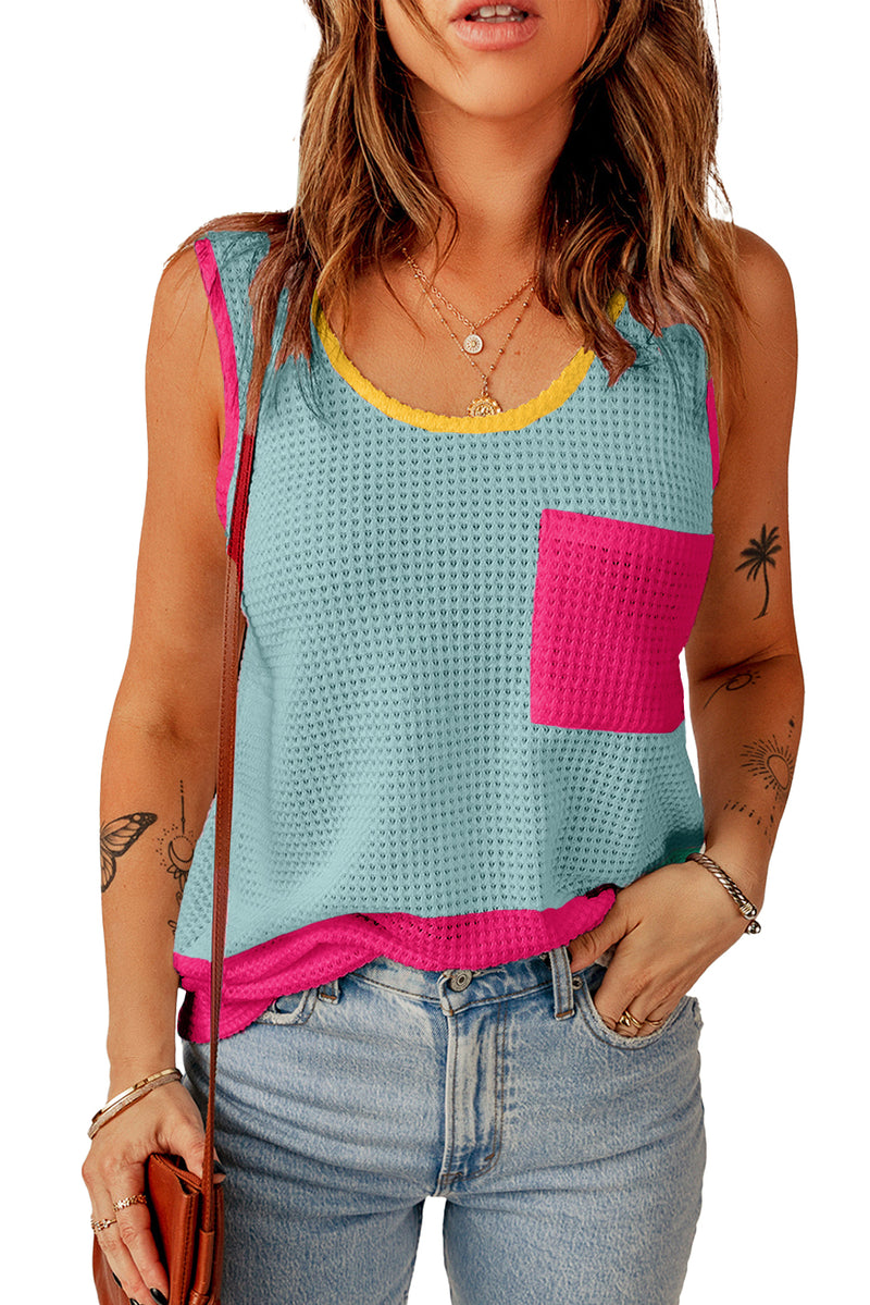 Rose Red Color Block Patched Pocket Breathable Knit Tank Top