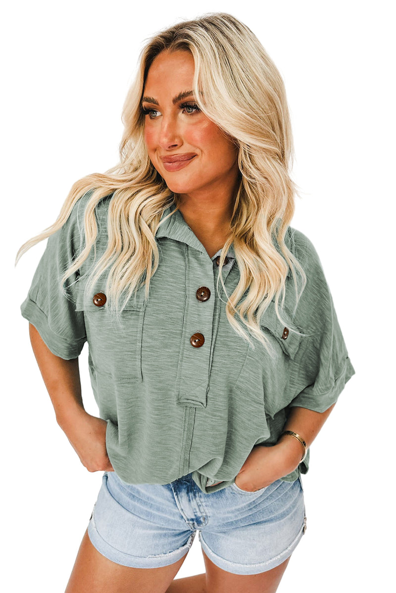 Chest Pockets Half Buttoned Collared Blouse