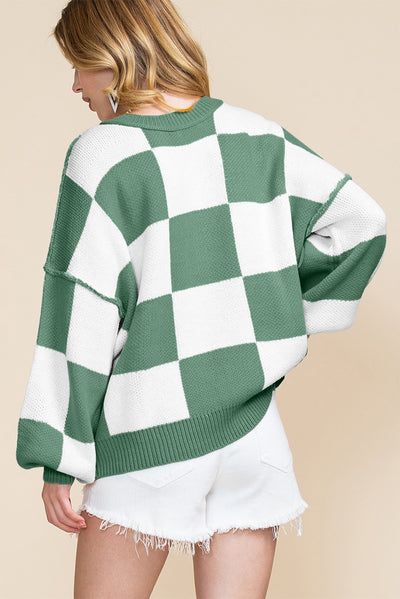 Rose Stripe Checkered Bishop Sleeve Sweater