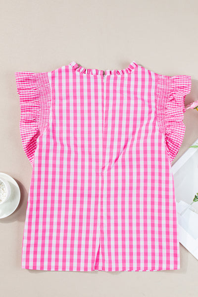 Black Checkered Ruffled Sleeve Frilled Neck Blouse