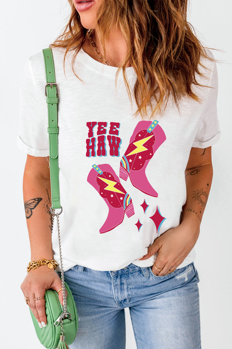 White YEE HAW Western Boots Print Crewneck T Shirt