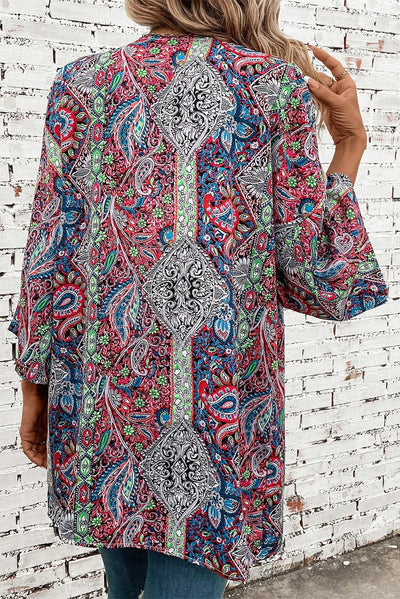 Red Paisley Print Open Front Kimono