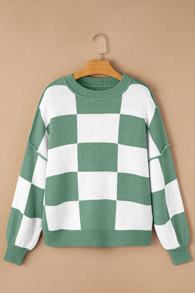 Rose Stripe Checkered Bishop Sleeve Sweater