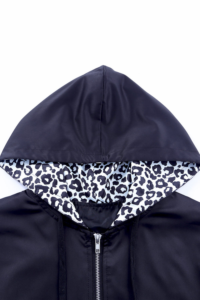 White Leopard Color Block Pockets Zip-up Hooded Jacket