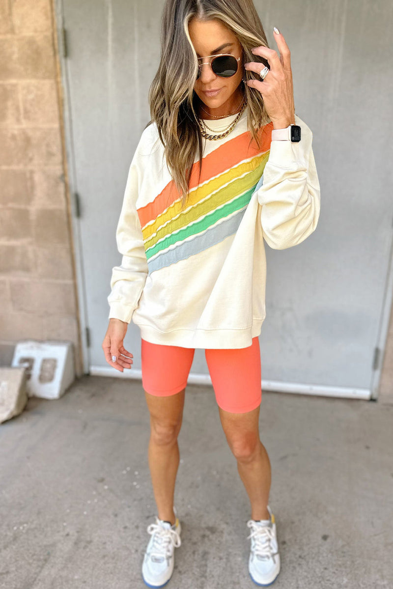 Apricot Rainbow Colorblock Striped Pullover Sweatshirt