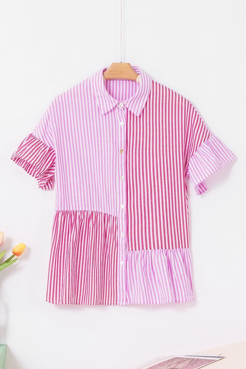 Pink Stripe Striped Patchwork Ruffled Hem Button up Shirt